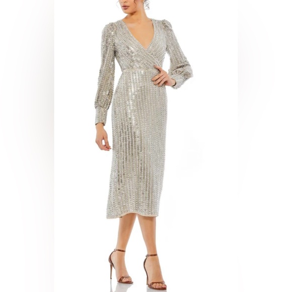 Mac Duggal 10809 Silver Beaded Sequined V Neck Long Sleeve Midi Dress Size 12 - Picture 1 of 12
